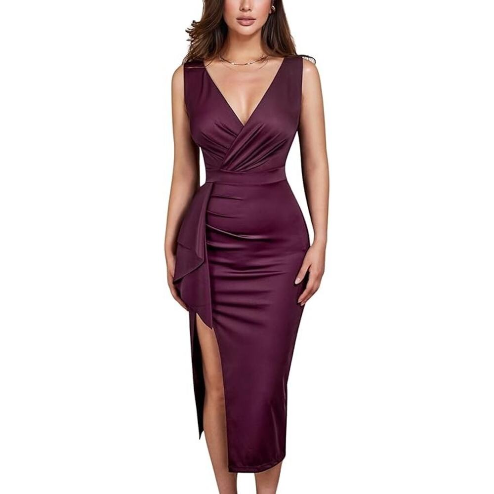 Burgundy Stretch Satin Ruched V‎ Neck Glam Cocktail Event Wrap Midi Dress Large